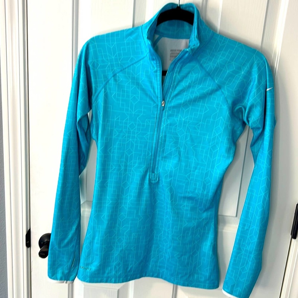Nike 1/2 zip bright blue w/ white design, dri -fit running long sleeve top Small